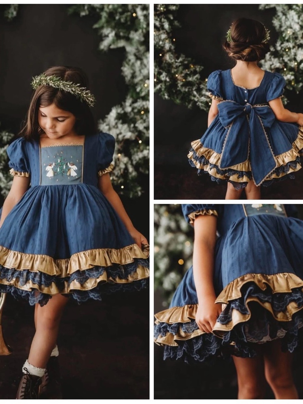 Two Roosters Clothing Co. Navy Blue & Gold Holiday Smocked Twirl Dress with Bow